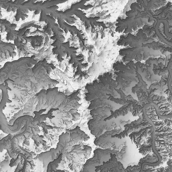 A hillshade of the Canyonlands area in Utah.